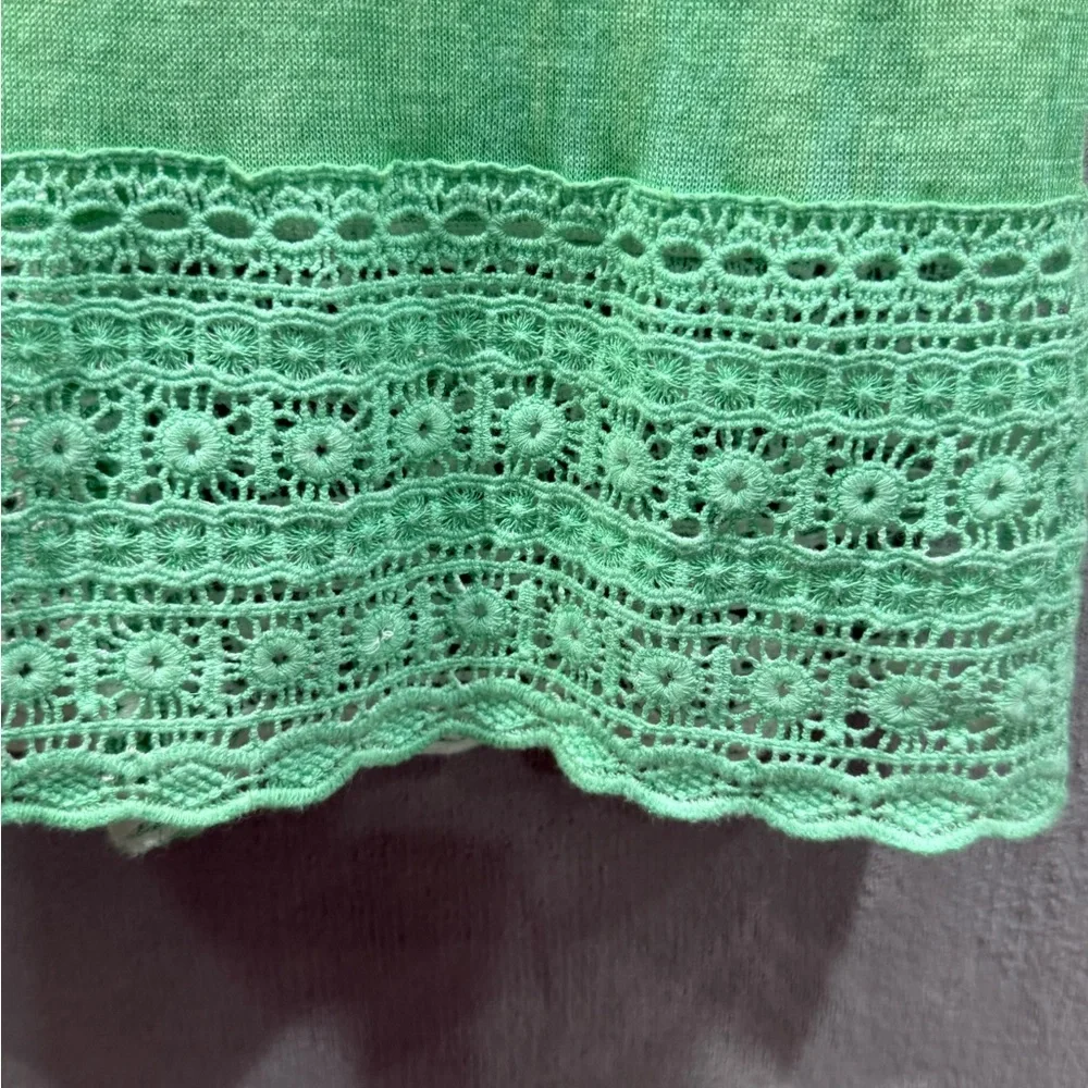Chico’s Longer Open Front Cardigan Lace Trim Blue Green Size 1 Resort Wear